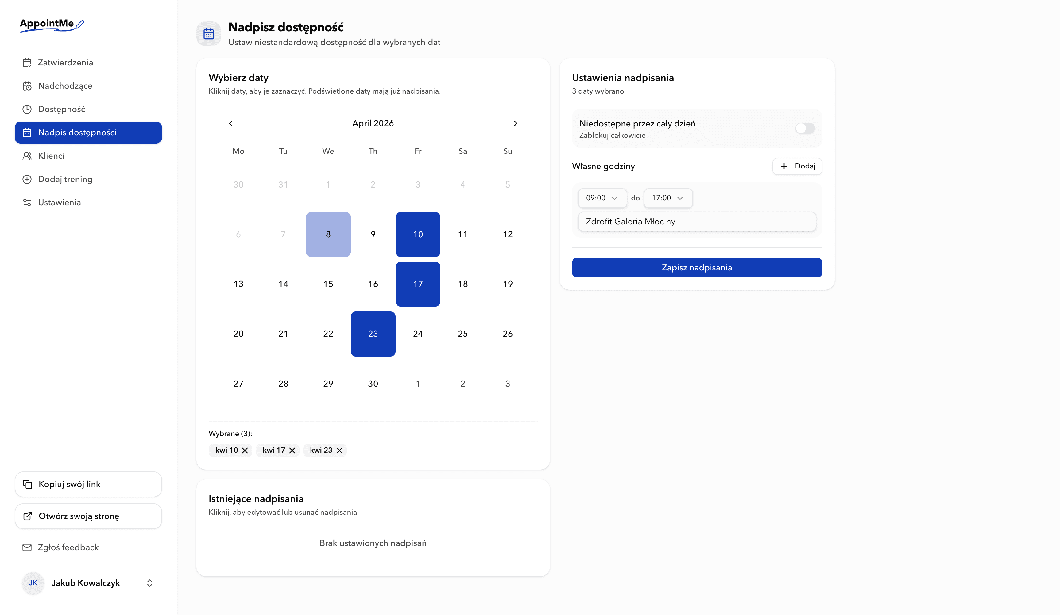 Nadpisywanie dostępności w AppointMe