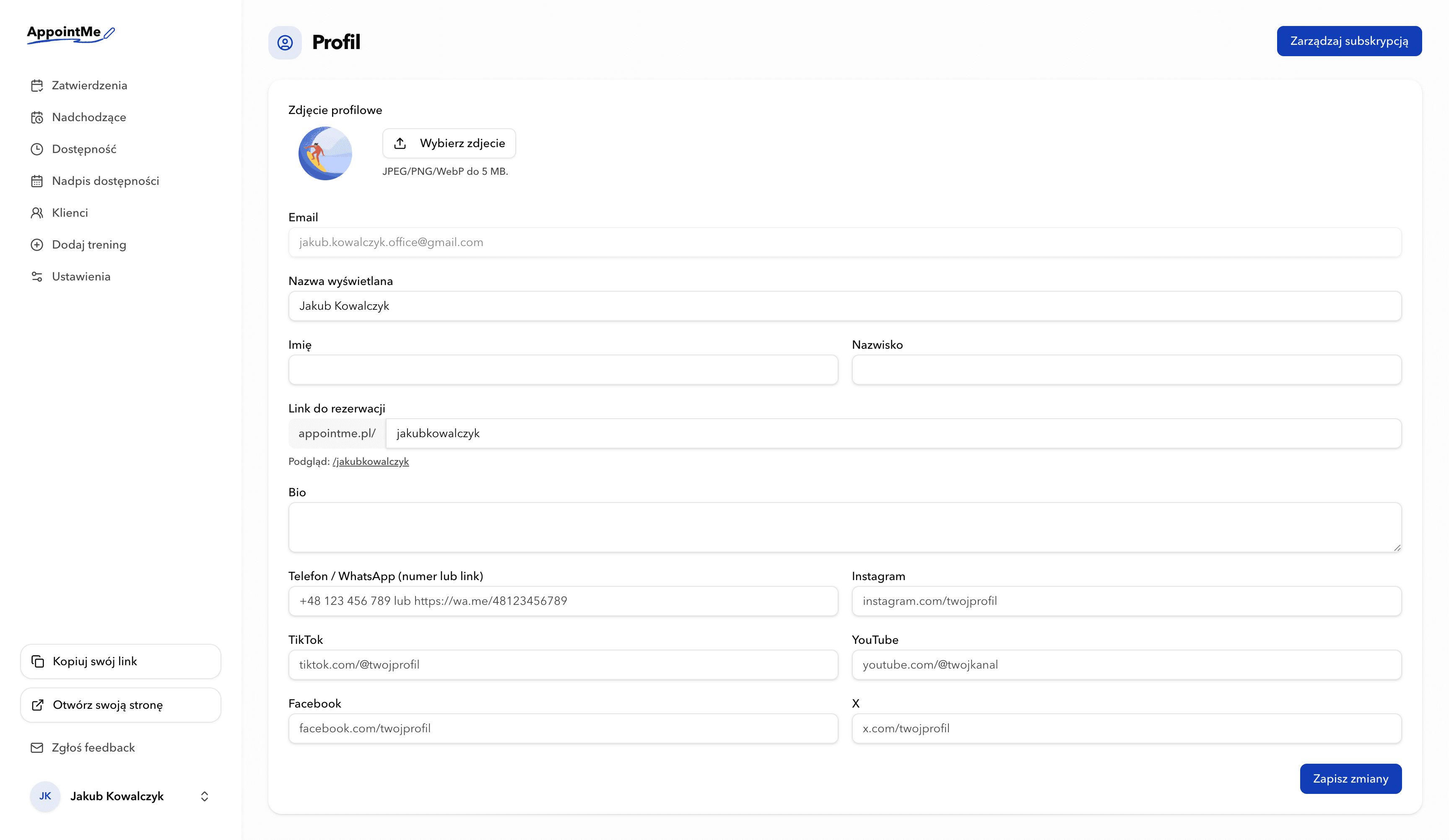 Ustawienia profilu w AppointMe